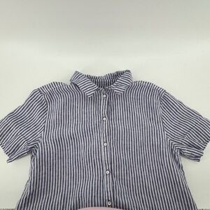 Tahari Shirt Dress Womens Chic Sz M Blue 100% Linen Striped Button Short Sleeve